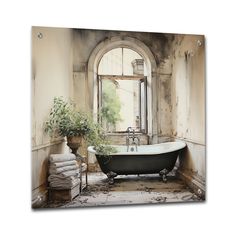 an old fashioned bathtub with plants in the window and towels stacked on the floor