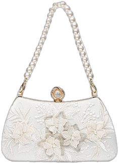 White Evening Bag For Spring Party, Elegant White Spring Clutch, Elegant White Clutch For Spring, Feminine White Evening Bag For Wedding, White Feminine Evening Bag For Wedding, Elegant Beige Evening Bag For Spring, Elegant Evening Bag For Spring Events, Pearl Embellished Clutch, Elegant Spring Wedding Bags