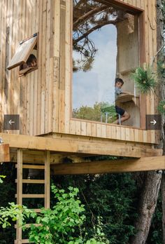 a man is standing in the window of a tree house that's built on stilts