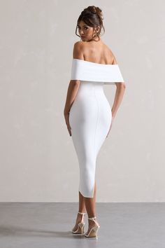 Figure Sculpting, Bardot Midi Dress, Sleek Bun, Bardot Neckline, Court Heels, Black Dress Prom, Mesh Bodycon Dress, White Bodycon, Black Tie Gala