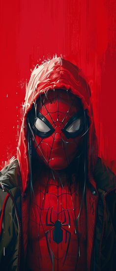 a spider - man is wearing a red hoodie and has his face covered by barbed wire