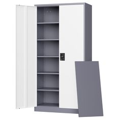 a white and grey cabinet with shelves next to it's door open on an isolated background