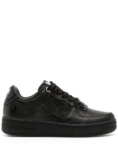 Bape Sta #6 low-top sneakers from A BATHING APE® featuring black, leather, calf leather, round toe, front lace-up fastening and flat rubber sole. Black Bapesta, Shoe List, Bape Shoes, Bape Sneakers, Bape Sta, Shoes For School, Ape Bape, Beige Sneakers, All Black Shoes