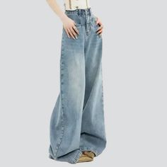 Elevate your flair game with our 90s women's light-wash jeans from the 2023 Summer Collection, inspired by the iconic fashion of the 90s. These baggy jeans feature a vintage and sanded look with whiskered detailing for a touch of nostalgia. The floor-length cut and mid-waist fit give these jeans a flattering silhouette, while the zipper and button closure add a modern twist. Crafted from premium quality denim, these jeans are the perfect blend of comfort and durability, making them a lasting addition to your wardrobe.Distinctive Features: 90s Nostalgia: Channel the iconic style of the 90s with these light-wash jeans. Vintage Vibes: The smoothed and whiskered detailing adds a vintage touch to these jeans. Effortlessly Cool: The baggy fit and mid-waist shape give these jeans a laid-back yet 90s High Waist Denim Blue Flare Jeans, 90s Style High Waist Denim Blue Flare Jeans, Y2k High Waist Light Wash Jeans, 90s Style Full-length Denim Flare Jeans, Vintage High-rise Baggy Flare Jeans, Vintage High Rise Baggy Flare Jeans, 90s Wide Leg Flare Jeans With Five Pockets, Trendy Baggy Washed Blue Flare Jeans, Baggy High Rise Vintage Flare Jeans