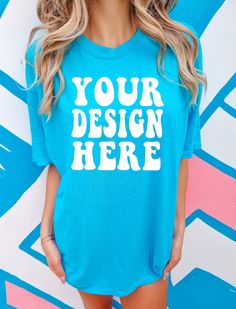 "INSTANT DOWNLOAD  ♥ DETAILS ♥ - This image is for the Comfort Colors C1717 Lagoon Blue Shirt - You will receive a high resolution digital image free of branding    (will not include the \"Your Design Here\" text or watermark) - Model is wearing size XL - Image Size: 2727 x 3575 Pixel ♥ KEEP IN MIND ♥ - You may use these images for personal and commercial use only. No additional license required. - You may not resell or share this image in any way." Cheap Blue Graphic Design T-shirt, Your Design Here, Tshirt Oversized, Mock Ups, Color Shirt, Comfort Color, Blue Lagoon, Neon Blue, Shirt Mockup