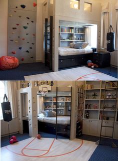 there are two pictures of a bedroom with bunk beds and basketballs on the floor