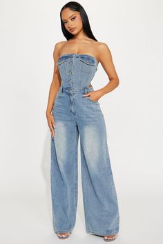 Available In Medium Wash. Jumpsuit Strapless Straight Neckline Button Up Cut Out Wide Leg Non Stretch Inseam= 33" 53% Cotton 28% Polyester 19% Viscose Imported | Making Moves Denim Jumpsuit in Medium Wash size 1X by Fashion Nova Casual Medium Wash Strapless Denim Jumpsuit, Casual High Rise Strapless Denim Jumpsuit, Casual Medium Wash Fitted Strapless Jumpsuit, Casual Fitted Medium Wash Strapless Jumpsuit, Medium Wash Fitted Strapless Jumpsuit Casual, Casual Fitted Strapless Jumpsuit Medium Wash, Casual Medium Wash Strapless Jumpsuit, Wide Leg Denim Strapless Jumpsuit, Denim Sleeveless Strapless Jumpsuit