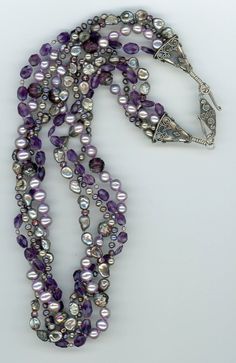 Vale Jewelry, Jewelry Pearl Necklace, Amazonite Jewelry, Silver Hair Pin, Multi Strand Beaded Necklace, Necklace Amethyst, Freshwater Pearl Jewelry, Purple And Silver, Luxe Jewelry