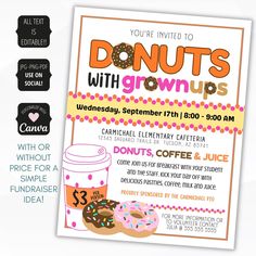 a flyer for an event with donuts and coffee on the front, along with information about each event