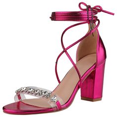 Looking for a pair of stunning sandals to complete your special occasion look? Look no further than these elegant crystal stiletto strap sandals! The glittering crystal accentuates the slender silhouette, while the lace-up design and chunky heel add a bold sparkle. These sandals feature a faux leather vamp, rubber outsole, and ABS heel, with a heel height of 3.3 inches. Don't forget to check the size measurement chart before ordering to ensure a perfect fit! These sandals are a must-have in ever Chunky Heel Sandals, Girl Closet, Pink Prom, Chunky High Heels, Chunky Heels Sandals, Elastic Laces, Measurement Chart, Chunky Heel, Heel Sandals