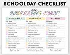 a school day checklist with the words schoolday chart