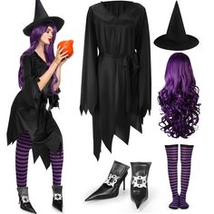 a woman dressed up as a witch with purple hair