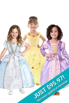 This Princess Set is the perfect set to get your little one's dress up trunk started! These three classic princesses will inspire creativity and imagination. Get ready for FUN! Includes 1 of each of the following: Cinderella Dress Up Classic Rapunzel Dress Up Yellow Beauty Dress Up **Size Small Does Not Include Gem ⚠️WARNING: CHOKING HAZARD 》 ⚠️WARNING: CHOKING HAZARD - For the safety of your child, size small (1-3 years) does not contain gems or other small parts. All other sizes contain small Dress Up Trunk, Rapunzel Dress Up, Cinderella Dress Up, Red Flower Headband, Rapunzel Dress, Cinderella Dress, Headband Size, Play Date, Cinderella Dresses