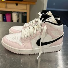 Brand New Nike Air Jordan 1 Mid Barely Rose (Women’s) Used As A Display Shoe/ Never Worn. Does Not Come With Original Box Cute Jordan 1 For Women, Cute Air Jordans For Women, Custom High-top Sneakers With Laces, White Custom Sneakers, Nike Air Jordan Pink, Jordan 1 Mid Barely Rose, Jordans Pink, Jordan 1 Pink, Jordan Rose