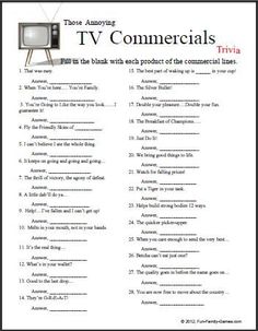 the tv commercials trivia worksheet is shown in black and white with red lettering