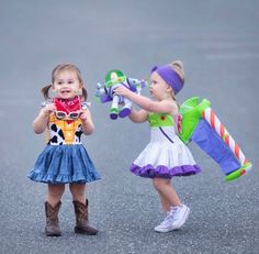 2 Toddler Girls Halloween Costumes, Toy Story Toddler Costume, Toddler Sister Costumes, Twin Toddler Halloween Costumes, Toddler Girl Costumes For Halloween, Toddler Sister Halloween Costumes, Triplet Costume Ideas, Twin Halloween Costumes For Babies, Sister Halloween Costumes Toddler Baby