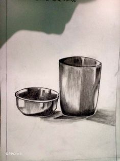 a pencil drawing of a cup and bowl