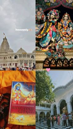 there are pictures of people standing in front of a building and an image of a buddha statue