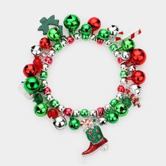 Fun Colorful Christmas Tree Balls Dangling Ornaments Style Fashion Beaded Stretch Multi Charm Bracelet 1" H Stretches To Fit Charms: Green Christmas Tree, Red And White Striped Candy Cane, Snowman , Rhinestone Crystal Embellished Tree And Cowboy Boot Silver, Green, Red M 01508 B Christmas Tree Red And White, Red Christmas Theme, Christmas Tree Balls, Christmas Tree Red, Metal Cuff Bracelet, Hook Bracelet, Arm Bracelets, Fashion Beads, Bridal Gloves