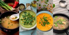 four different pictures with soups and vegetables in them