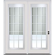 a white double door with blinds on the side and two windows in each one, both closed