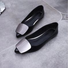 • Flats Type: Ballet Flats• Season: Spring/Autumn• Upper Material: PU• Toe Shape: Pointed Toe• Outsole Material: Rubber• Closure Type: Slip-On• Fit: Fits true to size, take your normal size• Insole Material: Latex• Fashion Element: Metal decoration• Lining Material: Neoprene• Item # E1100• Width Options: B - Medium / Metal Shoes, Leather Shoes Women Flats, Leather Loafers Women, Flats Shoes Comfortable, Womens Black Flats, Flat Dress Shoes, Loafer Shoes Women, Patent Leather Loafers, Women Shoes Online