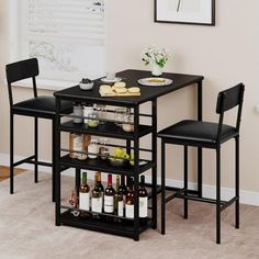 a kitchen table with two chairs and a wine rack