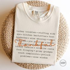 This cute, funny Thanksgiving Comfort Colors shirt is perfect for family reunion dinners or for a Thanksgiving gift for the host with a dry sense of humor! P R O D U C T∙ D E T A I L S   *  Brand:  Comfort Colors   *  Fabric:  100% ring-spun cotton.  Medium weight   *  Fit:  Relaxed fit.  Runs large   *  Your shirts are carefully made with attention to small details ♡     C A R E  ∙ I N S T R U C T I O N S   *  Turn inside out.  Cold water wash with like colors only *  Mild detergent.  Do not bl Funny Cotton Shirt Gift, Funny Cotton Shirt As A Gift, Funny Cotton Shirt As Gift, Funny Cotton T-shirt For Family Reunion, White Cotton Shirt For Family Gatherings, Custom Text Crew Neck Tops For Family Gatherings, Funny T-shirt With Text For Family Reunion, Funny Text T-shirt For Family Reunion, Funny Tops With Text For Family Reunion