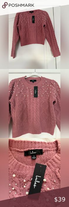 NWT - Lulu's - Pink Cable Knit Pullover Sweater with Pearls - Size Small