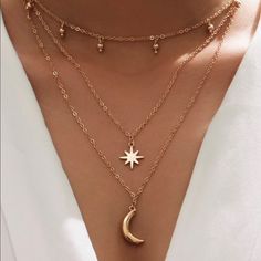 Moon Charm Layered Necklace Material Alloy Zinc Length 15.7 19.7 Star Charm Necklace, Hippie Look, Star And Moon, Moon Pendant Necklace, Jewelry Accessories Ideas, Casual Jewelry, Classy Jewelry, Fancy Jewellery, Fancy Jewelry