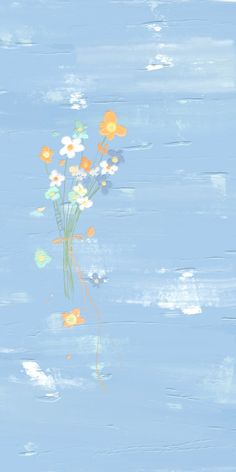 a painting of daisies and other flowers on a blue background