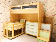 a child's bedroom with a bunk bed, dresser and crib in it