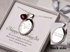 An engraved locket necklace:1. One shining, highly polished sterling silver locket (blank, engraved on one side or both sides with initials, greeting words, or bible verses).  Two photos can be inserted into the locket. Photo insertion service is also available at $14 per photo. 2. a wire-wrapped gemstone3. (free as a courtesy) an optional customized message card, laser-printed on heavy weight card stock and with a beautiful layout.4. a shining sterling silver cable chain closed with a lobster c Elegant Oval Pendant Locket Necklace As A Gift, Elegant Oval Pendant Locket Necklace Gift, Elegant Birthstone Locket Necklace Gift, Elegant Birthstone Medallion Locket Necklace, Elegant Oval Locket Necklace For Gift, Elegant Oval Locket Necklace As A Gift, Mother's Day Anniversary Oval Locket Necklace, Keepsake Birthstone Locket Pendant Necklace, Customizable Silver Locket Necklace For Anniversary