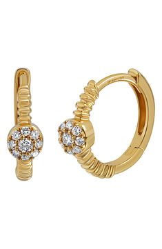 Add a special sparkle to your style with this pair of dainty diamond huggie hoop earrings handcrafted from 18-karat yellow gold. Exclusive retailer Total diamond weight: 0.22ctw Clarity: VS Color: G Imported Diamond Guide Small Hoop Huggie Earrings With Halo Design, 14k Gold Huggie Diamond Earrings With Halo Design, Diamond Huggie Earrings With Halo Design, Yellow Gold Huggie Diamond Earrings With Pave Setting, Yellow Gold Diamond Huggie Earrings With Pave Setting, Diamond Halo Huggie Hoop Earrings, Small Hoop Yellow Gold Diamond Earrings With Halo Design, Yellow Gold Cubic Zirconia Hoop Earrings With Halo Design, Yellow Gold Diamond Earrings With Halo Design, Small Hoop