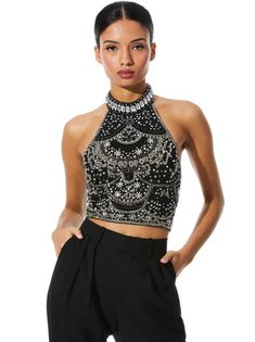 Gatz Embellished High Neck Crop Top In Black/multi | Alice And Olivia Colorblock Pants, Oversized Button Down Shirt, High Neck Crop Top, Gown Skirt, Embellished Gown, High Low Skirt, Alice And Olivia, High Neck Top, Cropped Shirt