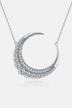 1.8 Carat Moissanite Crescent Moon Shape Pendant Necklace LOVCIA Elegant Diamond Moon Phase Jewelry, White Gold Moon Phase Necklace For Wedding, Elegant Diamond Necklace With Moon Phase Detail, Elegant Diamond Necklace With Moon Phase, Elegant Moon Shaped Diamond Jewelry, Celestial Style White Gold Necklace With Cubic Zirconia, Crescent Diamond Jewelry For Formal Occasions, Elegant Moon-shaped Diamond Jewelry, Elegant Moon-shaped Diamond Necklace Gift