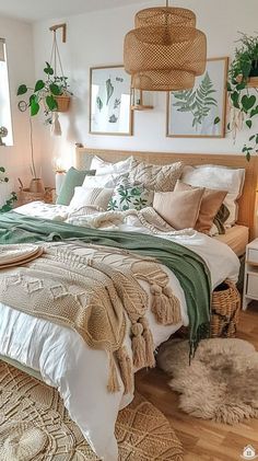 a large bed sitting in a bedroom next to a window with potted plants on it