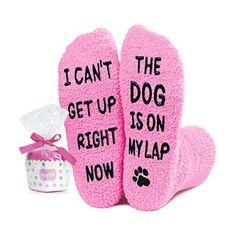 PRICES MAY VARY. Adorable & Funny Design: Featuring the humorous text 'I can't get up right now, the dog is on my lap,' these pink fuzzy socks are perfect for dog lovers and make a fun gift for dog moms. Ultimate Comfort: Made with soft, warm, and fuzzy materials, these socks are designed to keep your feet cozy and comfortable throughout the day. Cute Packaging: Each pair of socks comes packaged in a charming pink cupcake-style bag, making them a delightful gift option for any occasion. Versatil Fuzzy Socks Gift, Pink Fuzzy Socks, Animal Socks, Purple Socks, Dog Mommy, Funny Gifts For Women, Holiday Socks, Fluffy Socks, Weird Gifts