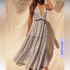 Vacay Babe Maxi Dress Tried On But, Never Worn. Didn’t Flatter Me. Sold Out Online White Lined Summer Maxi Dress, White Breezy Maxi Dress For Daytime, White Lined Maxi Dress For Vacation, Lulus Dresses, Halter Maxi Dress, Halter Maxi, Halter Maxi Dresses, Lulu Dresses, Gray Dress