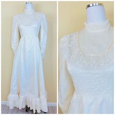 "This dress is gorgeous. Would make a perfect wedding gown. Cream nylon fabric with no stretch. High neck and ruffled trim bib. Puffed sleeves are long and button at the wrist. Flared skirt is maxi length with gorgeous lace ruffled hem. Back zipper closure.  Condition: Great! No Flaws To Note! Measurements: Bust: 34\" Waist: 26\" Hips: 40\" Length: 54\" ---------- I do not accept returns currently. Please read the description in detail and ask any and all questions before you purchase. However, if you have a problem DO message me, as I am flexible on a case by case basis! Bin 12" Maxi Dress 70s, 70s Prairie, Dress 70s, Victorian Revival, 70s Dress, Lace Maxi, Cream Lace, Lace Ruffle, Nylon Fabric