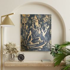 a painting sitting on top of a wooden shelf next to a clock and potted plant