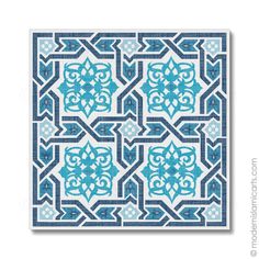 a blue and white tile pattern with an intricate design in the middle, on a white background