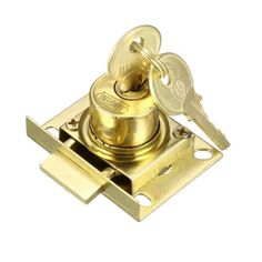 a brass plated door lock with two keys