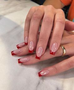 Red French Nails Square, Red French Tip Square, Short Square Red Nails, Dylan Gossett, Red Nails Square, Square French Tips, Baddie Pfp, Different Color Nails, Deep Red Nails