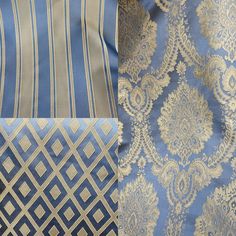 blue and gold brocaded fabric with white designs on it, including an intricate design