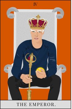 the emperor tarot card with an image of him sitting on a chair and holding a golden ball