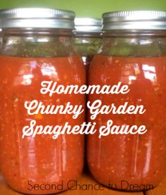 two jars filled with homemade chunky garden spaghetti sauce