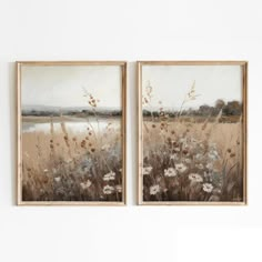 two paintings on the wall with grass and flowers