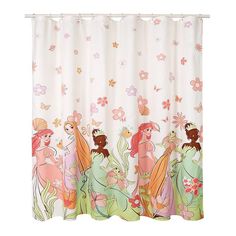 the shower curtain is decorated with princesses and butterflies