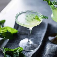 two cocktails with mint garnish sit next to each other